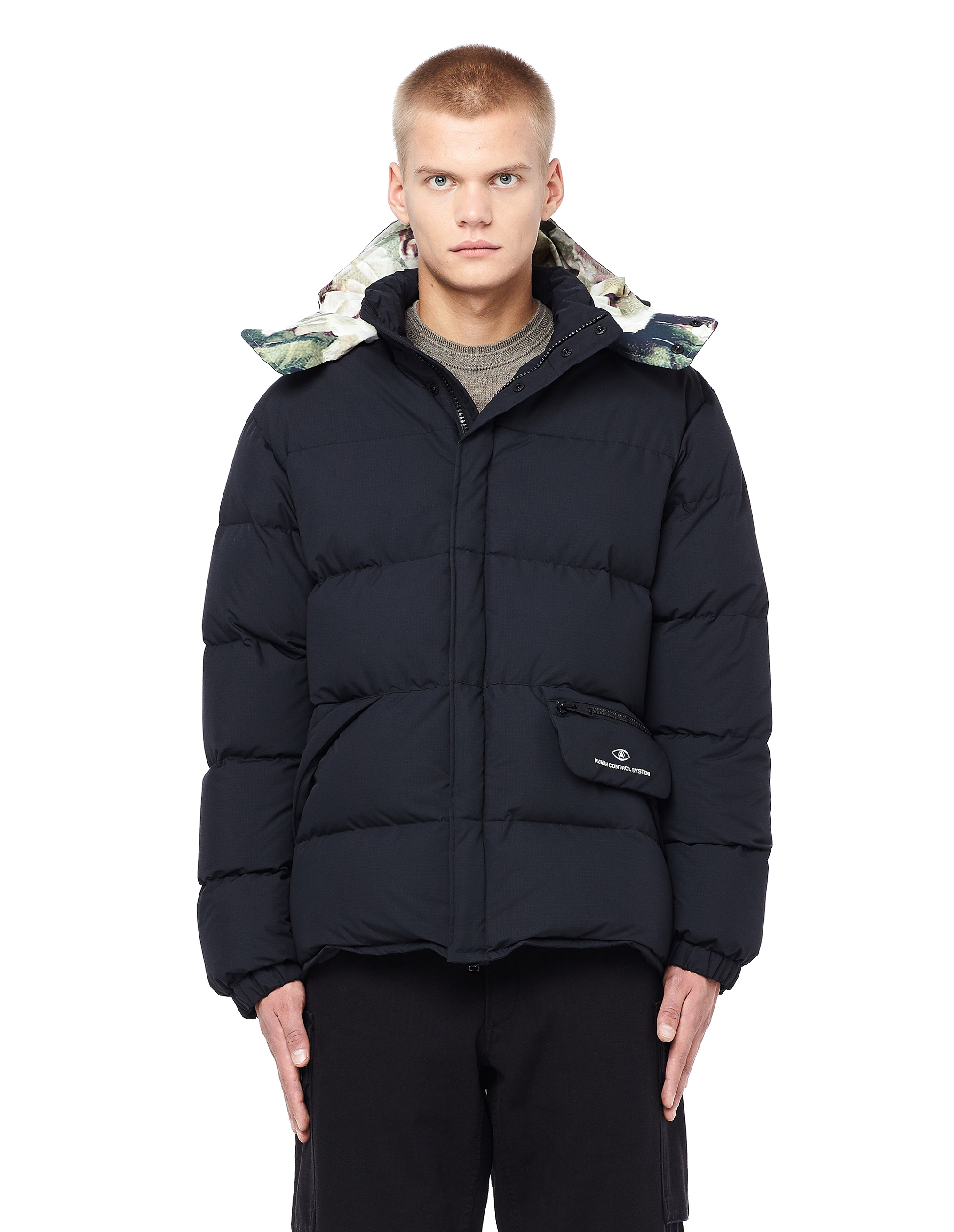 Buy Undercover men black puffer jacket with printed hood for $858